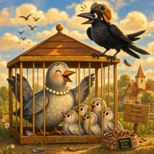 A proud dove showing off her caged chicks while a crow looks on doubtfully