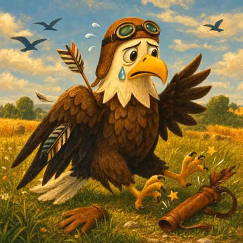 A falling eagle spotting its own feather fletched onto the arrow that struck it