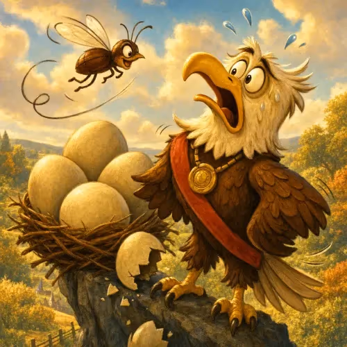 A beetle rolling an eagle's eggs out of a high nest in revenge