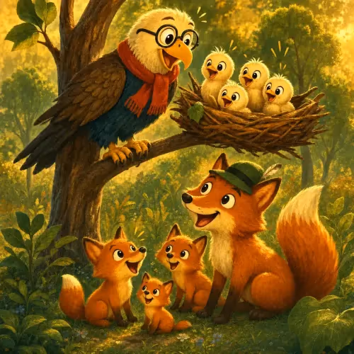 A fox watching an eagle's nest burn after taking her fox cub
