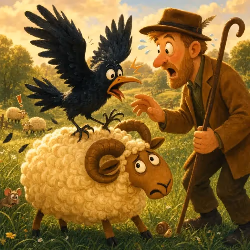 A jackdaw tangled in a shepherd's net after trying to snatch a sheep like an eagle