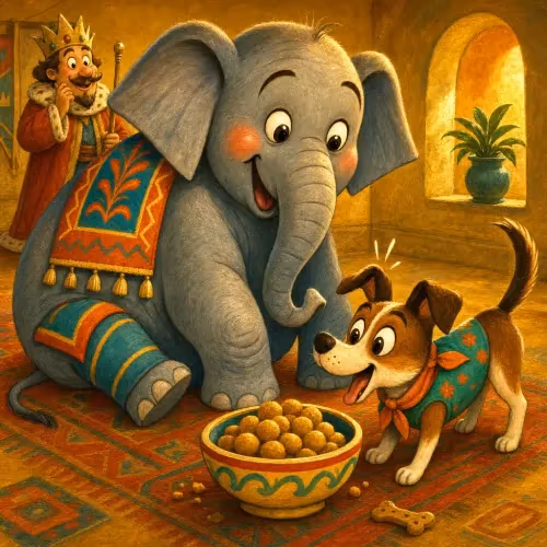A king's elephant and a small dog curled up together as close friends