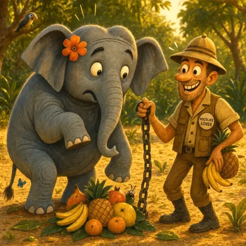 A gentle elephant standing chained as his loyal herd gathers to free him