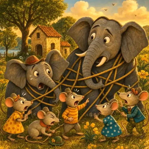Mice gnawing through a hunter's net to free a group of trapped elephants