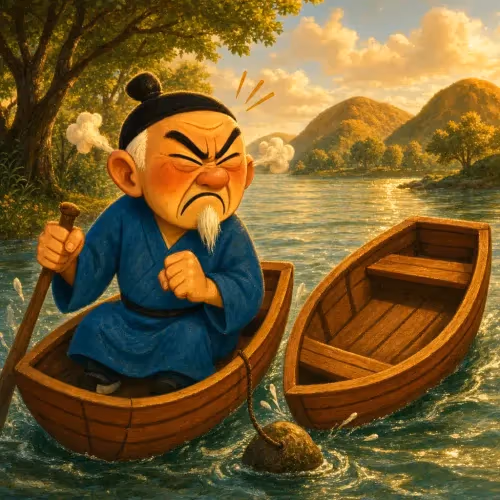 A man's anger fading as he realizes the boat that bumped him is empty