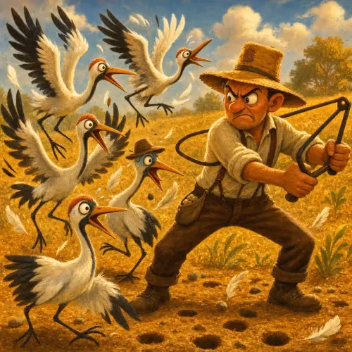 A farmer flinging rocks at a flock of cranes picking through his crops