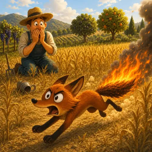 A farmer setting fire to a captured fox standing amid his crops