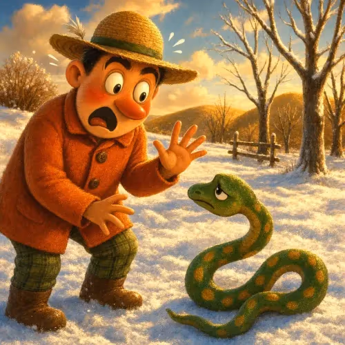 A farmer warming a frozen snake in his hands beside a snowy field