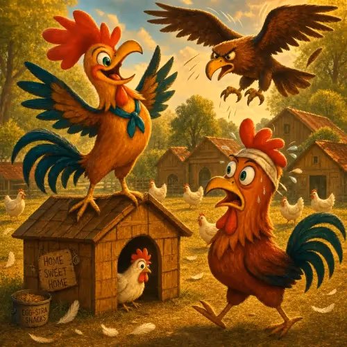 A defeated rooster watching an eagle swoop down and carry off his boastful rival