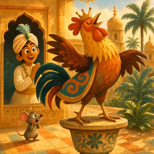 A trembling rooster standing calm and focused in the fighting ring under his trainer's watch