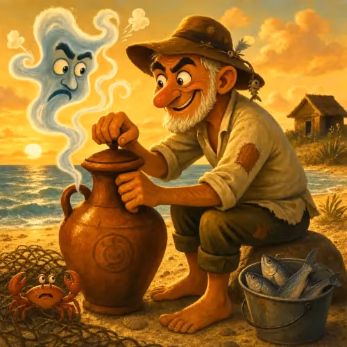 A fisherman standing before a towering genie that just emerged from a small jar