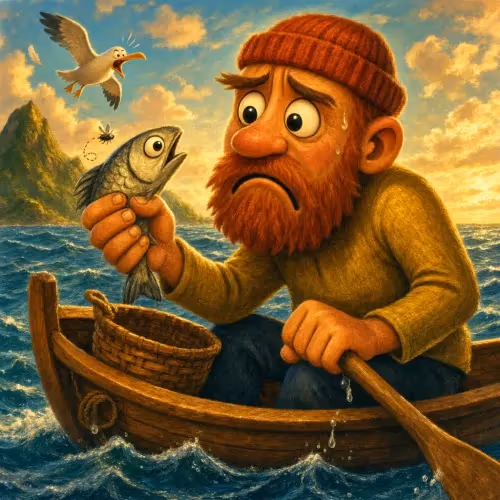 A fisherman holding a tiny fish that pleads to be thrown back into the sea