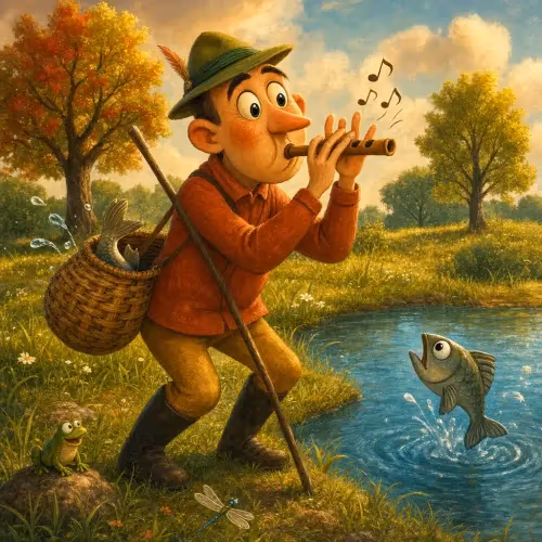 A fisherman playing a pipe by the water, waiting for fish that never come