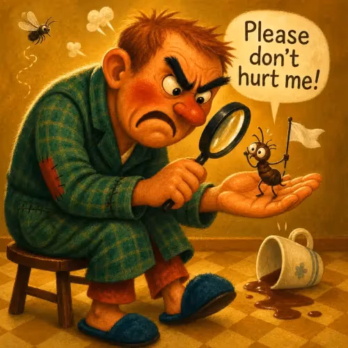 A man pinching a tiny flea between his fingers, ignoring its plea for mercy