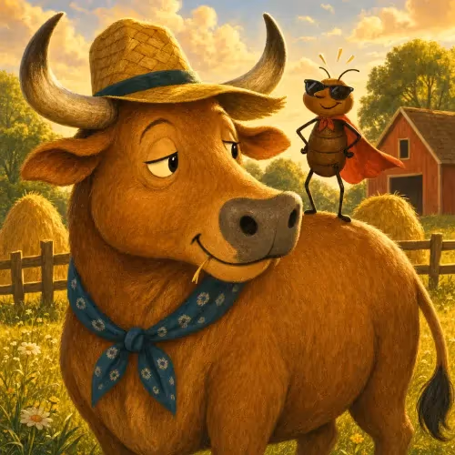 A tiny flea perched on the back of a large, calmly grazing ox
