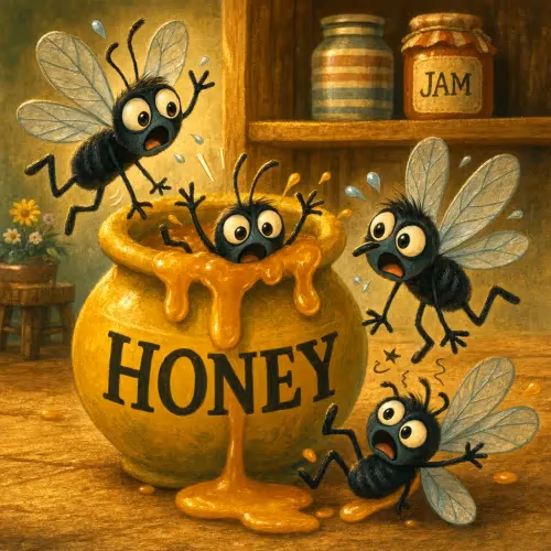 Flies stuck fast in a spilled pot of honey, wings coated and struggling