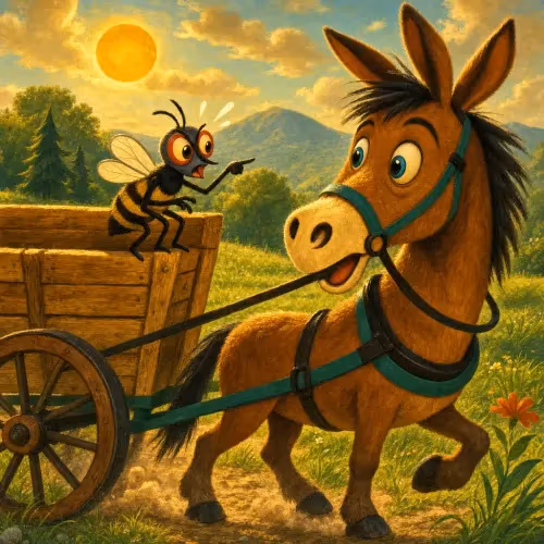 A fly buzzing threats at an unbothered mule pulling a loaded cart