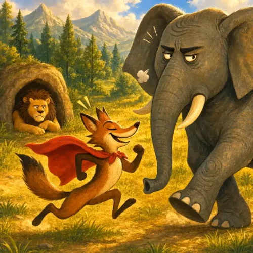 An overconfident jackal creeping toward a massive elephant, ready to attack