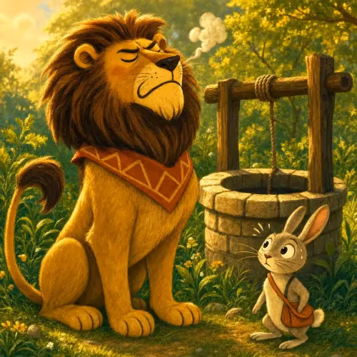 A clever rabbit peering into a well as a lion prepares to leap after his own reflection