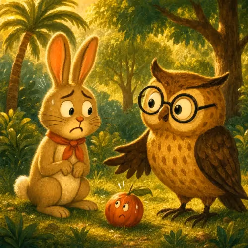 A panicked rabbit fleeing beneath a tree as a piece of fruit thuds to the ground