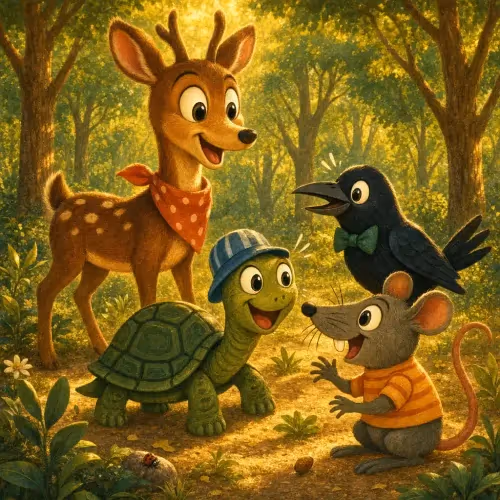 Four animal friends working together to free a deer caught in a hunter's net