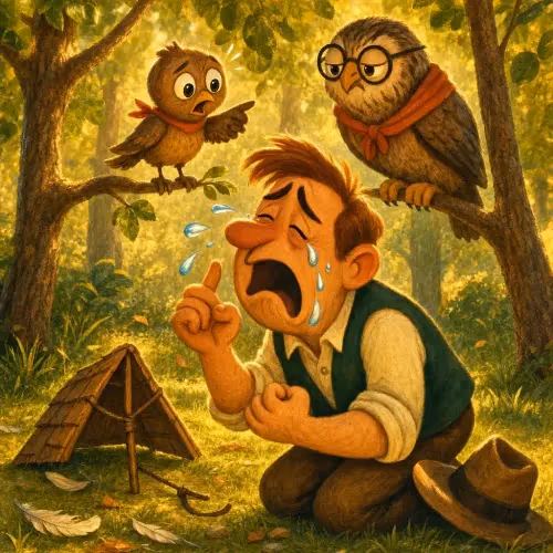 A young bird watching a fowler wipe tears after pricking himself on a thorn