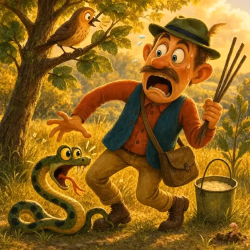 A fowler stepping on a hidden viper while chasing a bird overhead