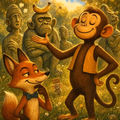 A monkey boasting beside ancient statues while a fox looks on skeptically