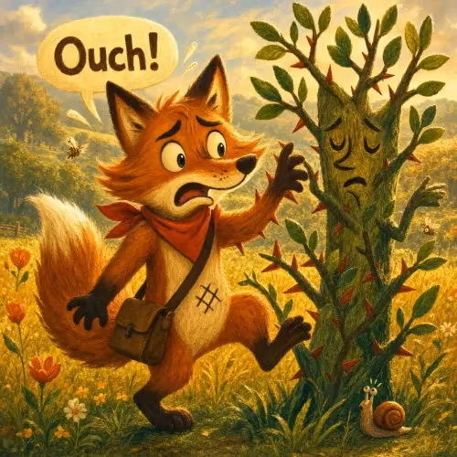 A fox pulling itself out of a thorny bramble bush, glaring at the thorns