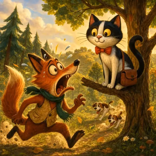 A cat darting up a tree to safety while a boastful fox is caught by hunting dogs