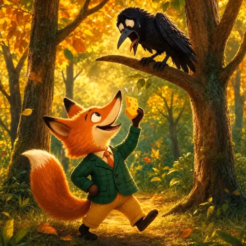 A fox flattering a crow perched in a tree, cheese dangling from its beak