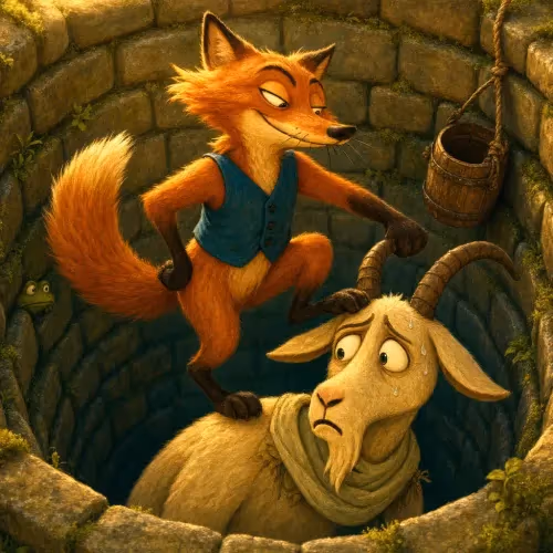 A fox climbing out of a well on the back of a goat left trapped below