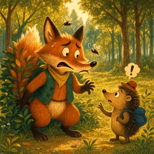 A fox trapped and covered in mosquitoes declining a hedgehog's offer to help