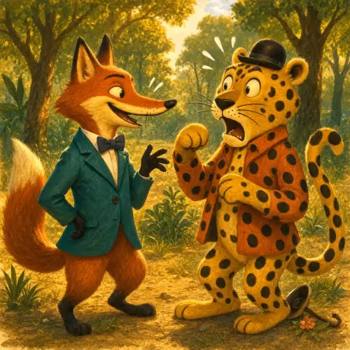 A quick-witted fox dashing past a strong, muscular leopard in a forest race