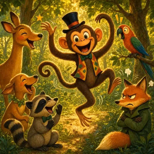 A monkey leader stepping into a trap set by a scheming fox before the gathered animals