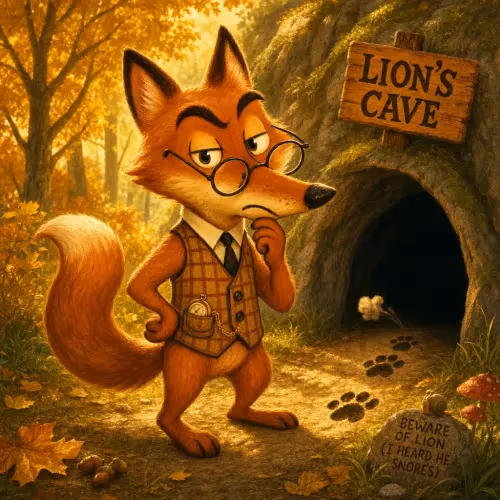 A cautious fox peering into a cave from a distance while a sick lion waits inside