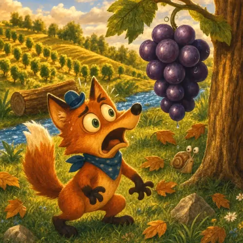 A fox looking up at grapes just out of reach, turning away with a shrug