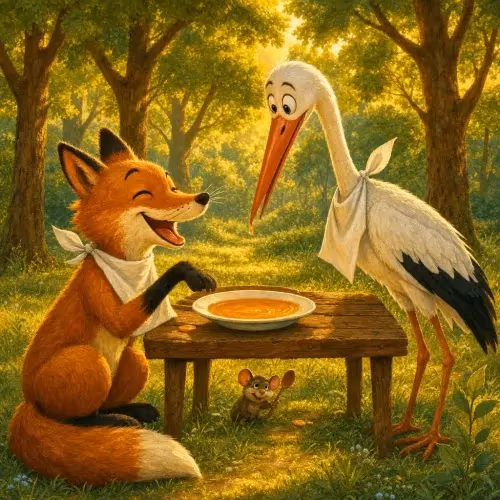 A stork sipping from a tall narrow jar while a hungry fox looks on