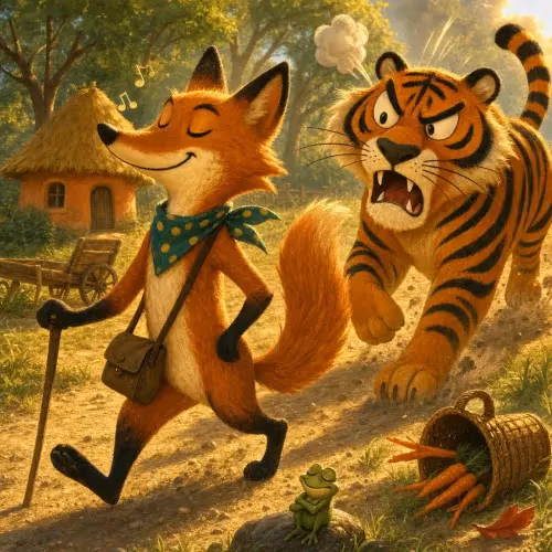 A clever fox strolling confidently in front of a bewildered, hesitant tiger