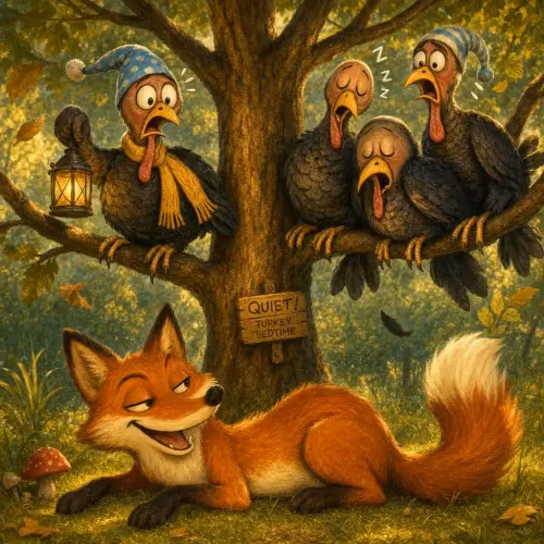 A cunning fox circling a tree full of exhausted, drowsy turkeys at night