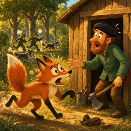 A woodcutter pointing toward a hiding fox while pretending to help it