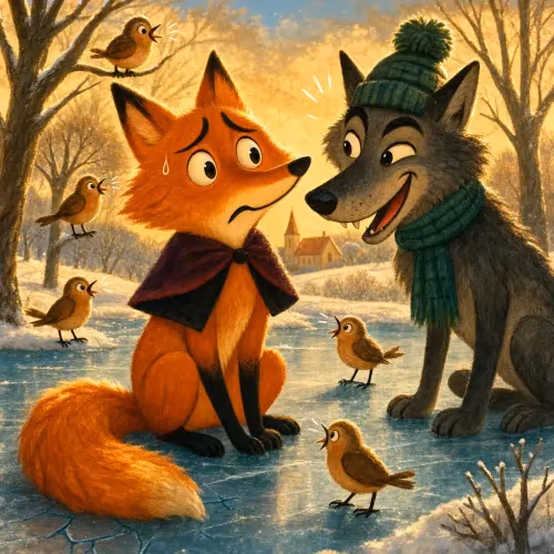 A fox with its tail frozen in ice, hesitating before pulling free