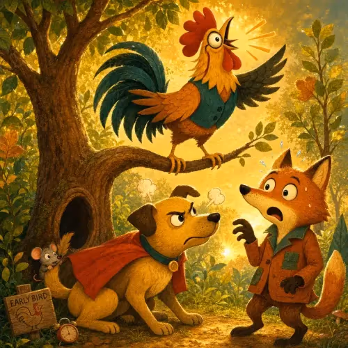 A rooster crowing loudly from a tree while a fox approaches and a dog waits below