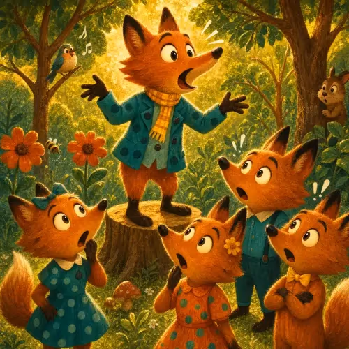 A tailless fox urging a group of skeptical foxes to cut off their own tails