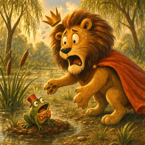 A startled lion peering down at a tiny bullfrog croaking in the swamp