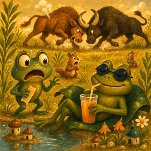 Frogs scattering as a defeated bull crashes through their peaceful pond