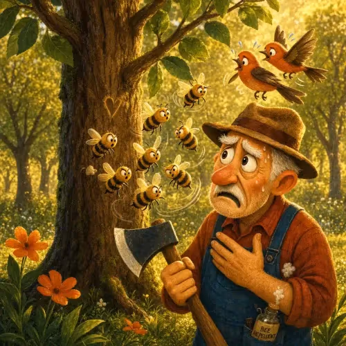 A gardener pausing his axe as nightingales and bees defend an old pear tree