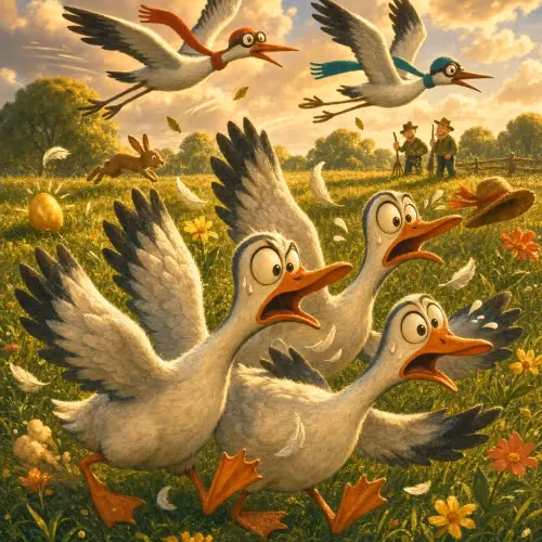 Cranes flying to safety while slower geese are caught by hunters in a meadow