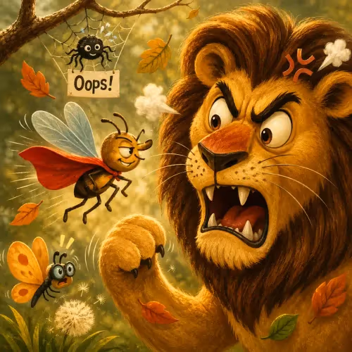 A tiny gnat stinging a resting lion, who claws at himself in frustration