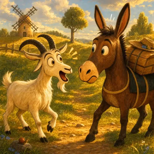 A goat lying down feigning illness while a donkey looks on with concern